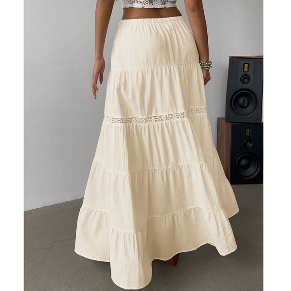 Boho Stretchy Waist lace Insert Split Thigh Maxi Skirt - Picture 5 of 11